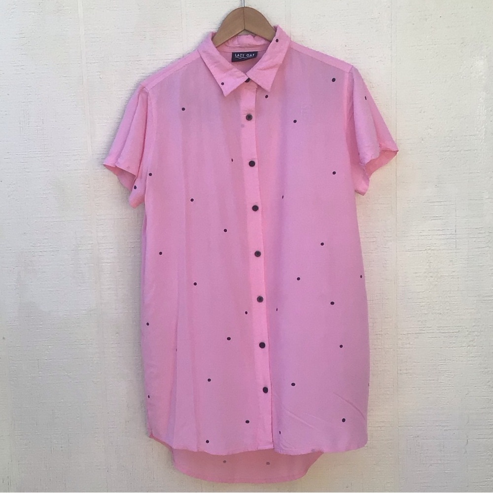 Lazy Oaf Go Away pink polka dot button up shirt dress - Picture 2 of 16